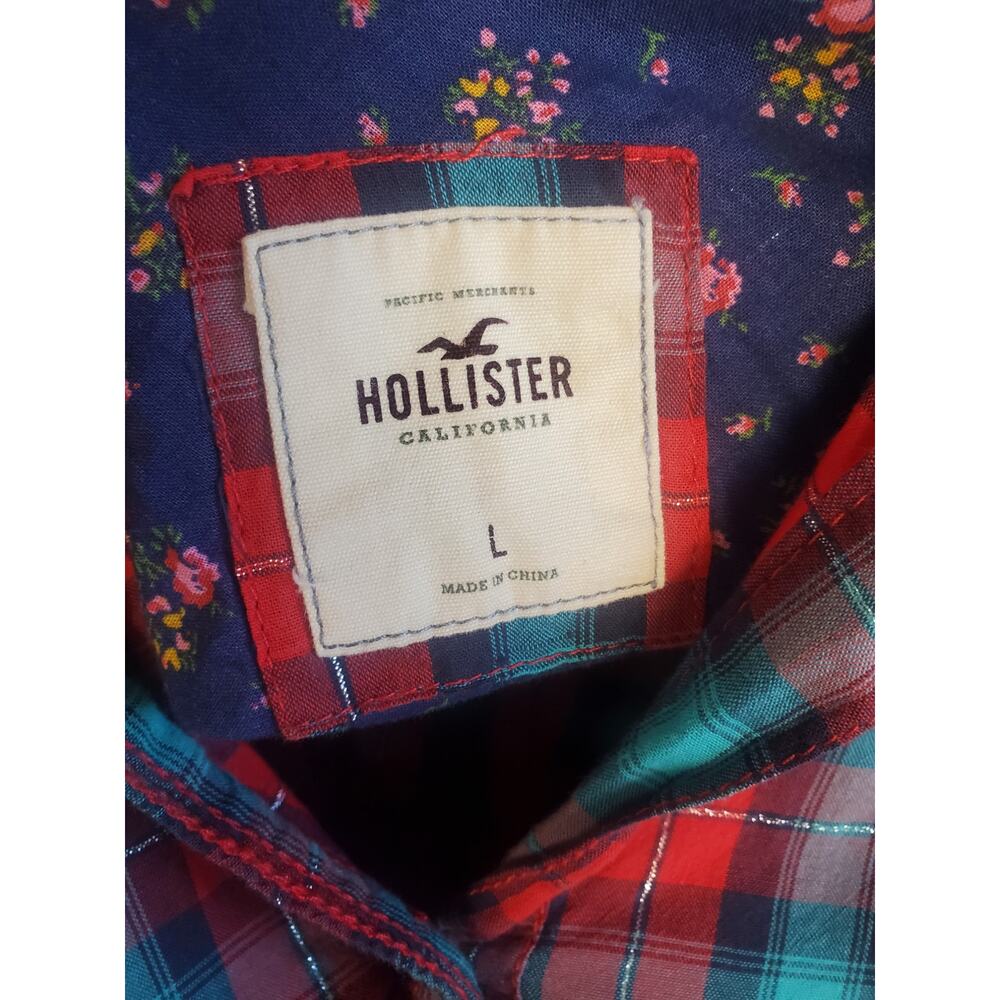Hollister Women's Size L Green, Red & Metallic Button Up Plaid Western Shirt - Picture 3 of 6